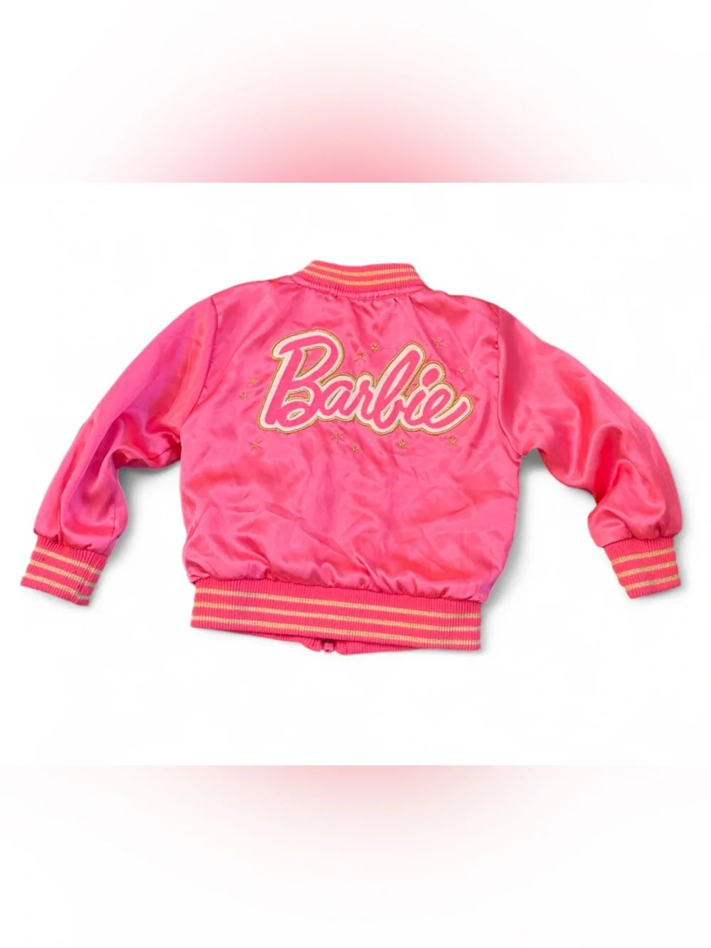 Barbie Pink Satin Bomber Jacket with Striped Trim